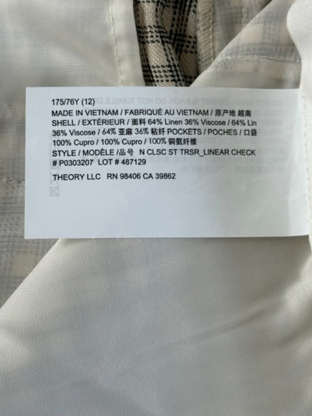 Theory Womens Pants Cream Linear Check Classic Straight Trouser Size 12 NWT $345 - Picture 15 of 16